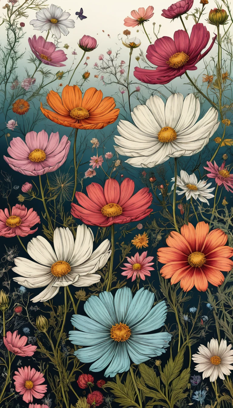 Fleurs de cosmos colorées en vecteur dans un flyer graphique abstrait