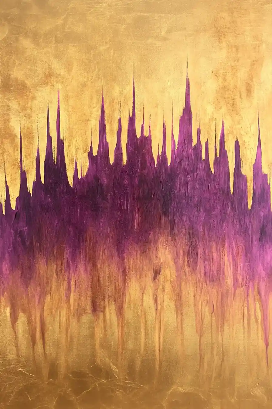 Surreal purple and gold flame painting on golden background