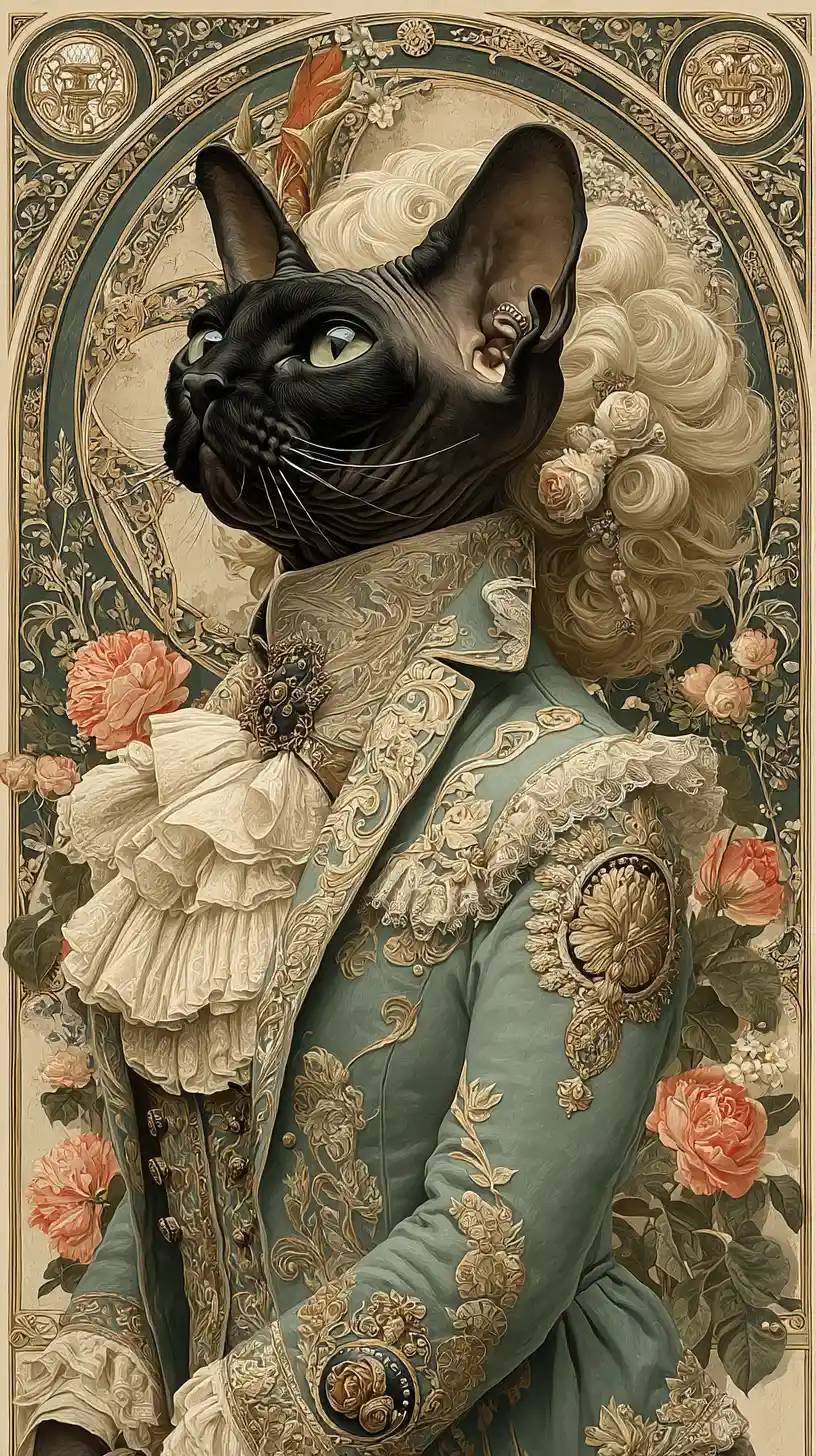 Aristocratic Devon Rex Cat In Rococo Court Portrait