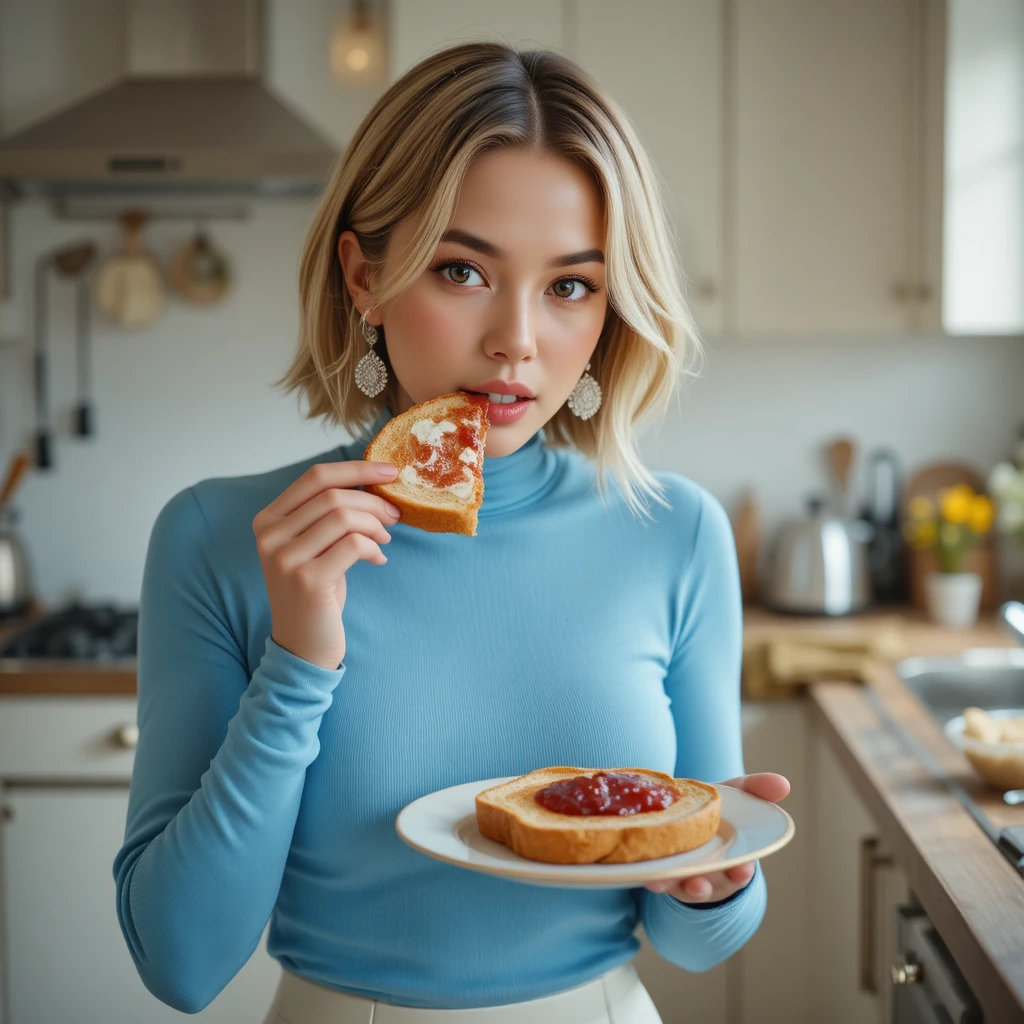 Frau isst Toast mit Marmelade in einer modernen Küche