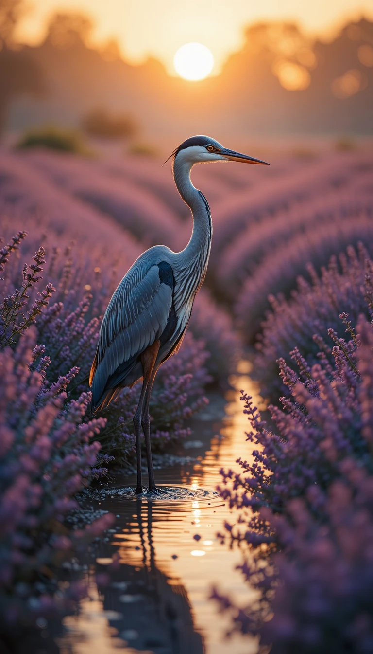 Grand héron bleu dans un ruisseau de lavande au crépuscule doré