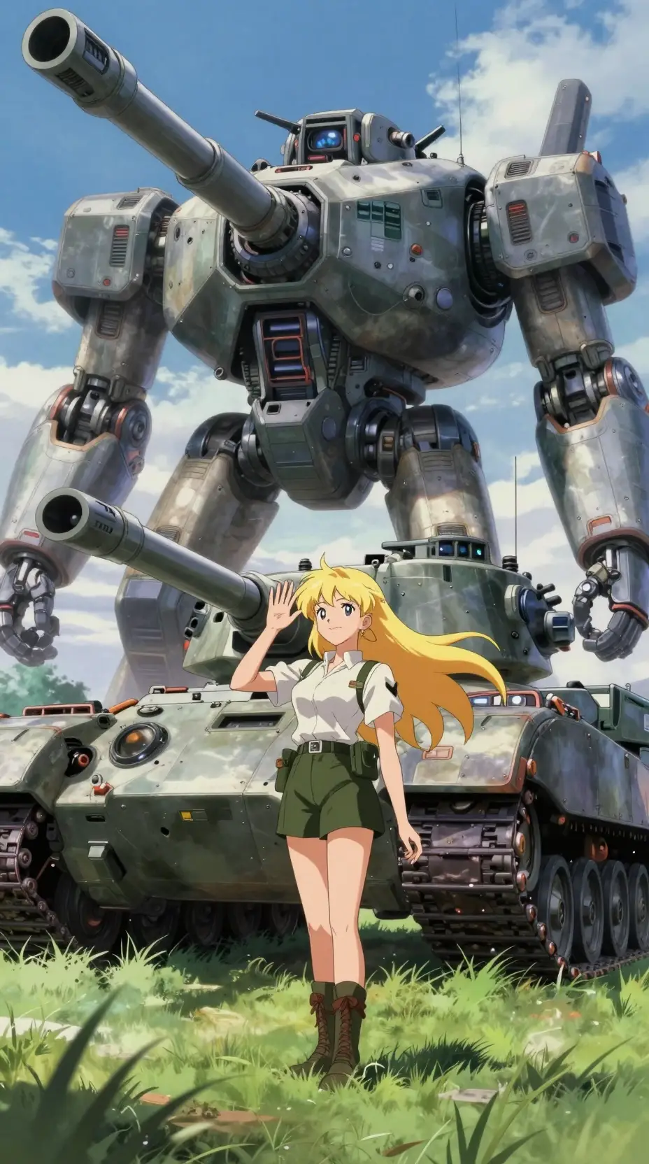 Carro armato futuristico in stile anime con donna in un prato soleggiato