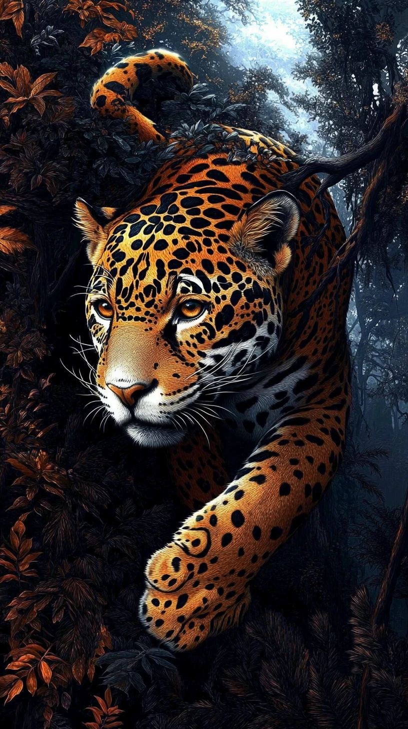 Close de retrato de jaguar com pelagem dourada e sombras da selva
