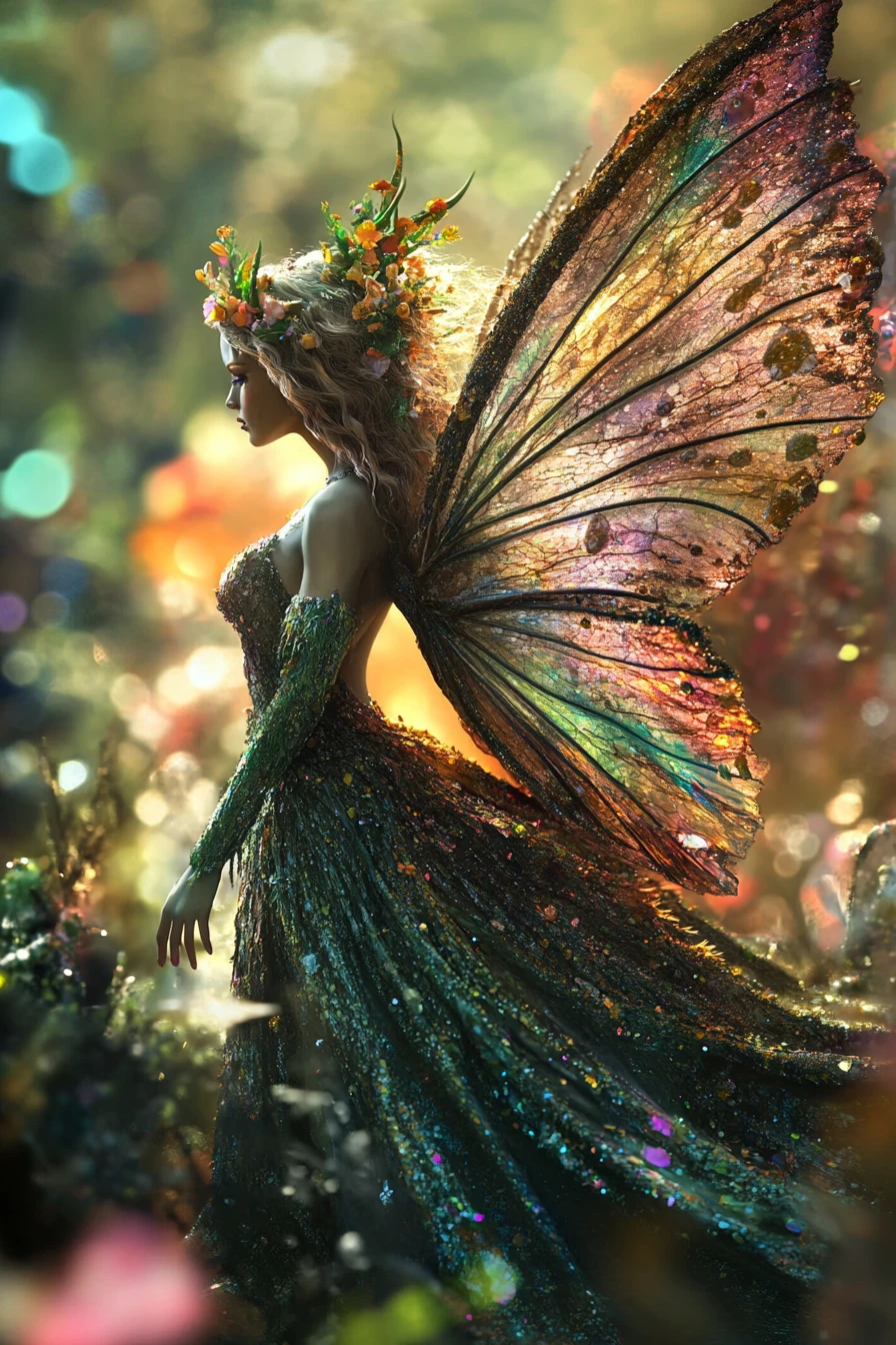 Femme fée cyborg abstraite marchant dans un jardin coloré