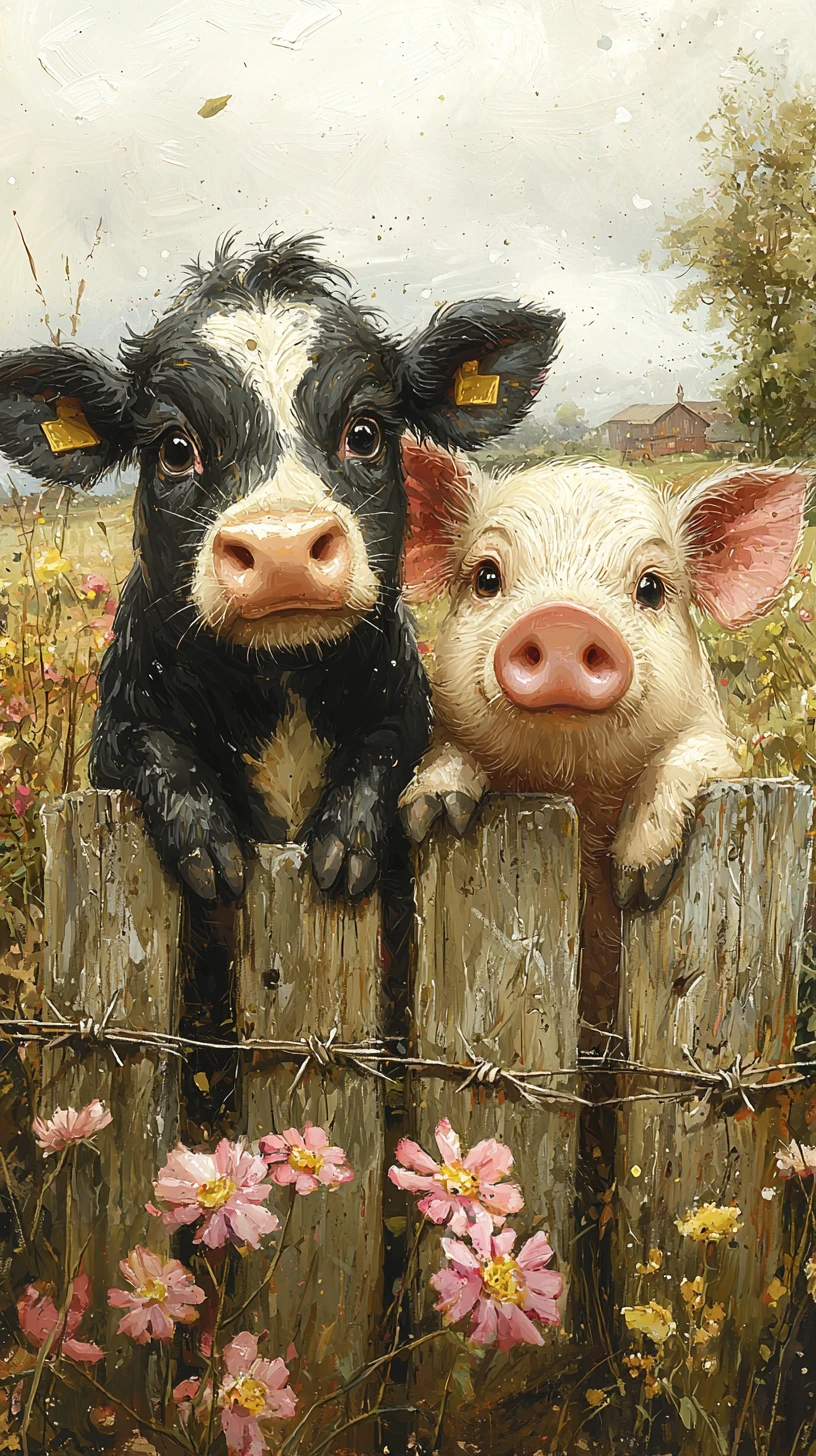 Neugierige Kuh und Schwein schauen über rustikalen Bauernzaun