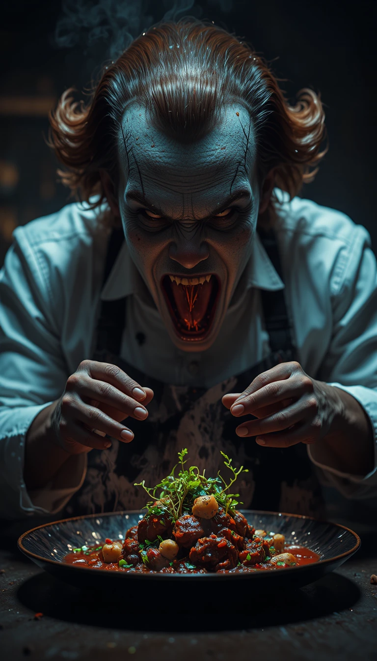 Chef finalizando prato de carne fumegante em cozinha intimista