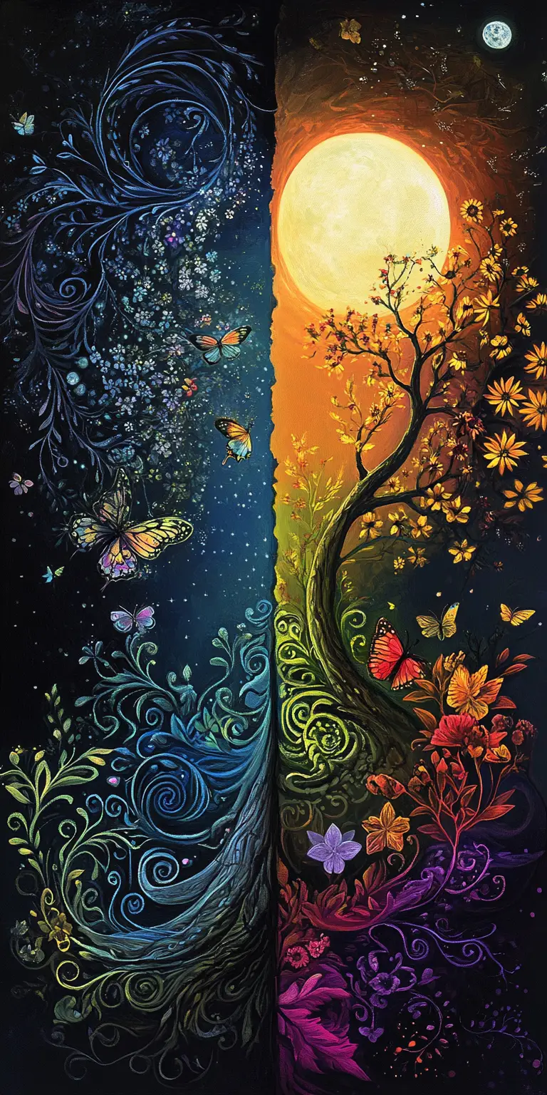 Diptyque féerique d’arbres, de lianes et de fleurs au clair de lune