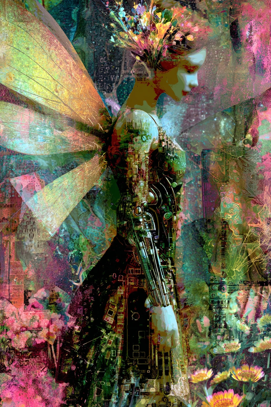 Donna fata cyborg astratta che cammina in un giardino colorato