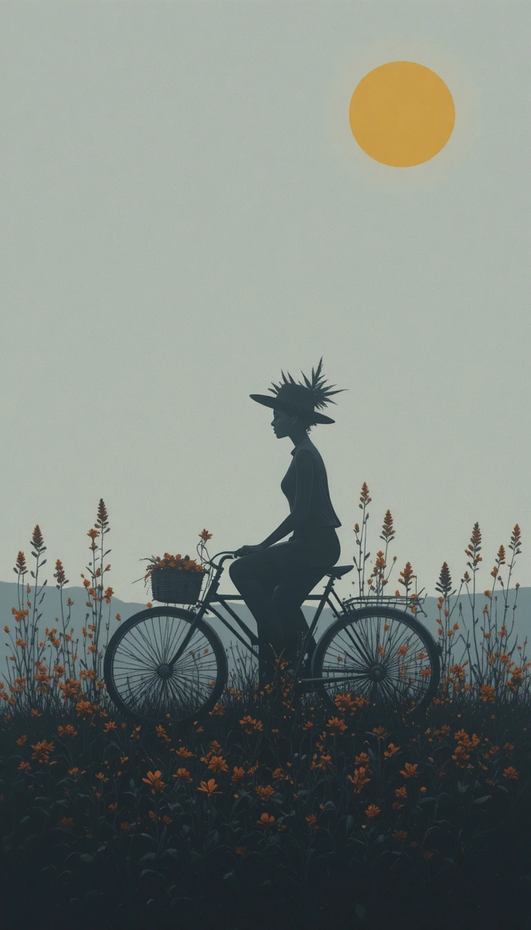 Silhueta minimalista de menina pedalando por um campo de aloe