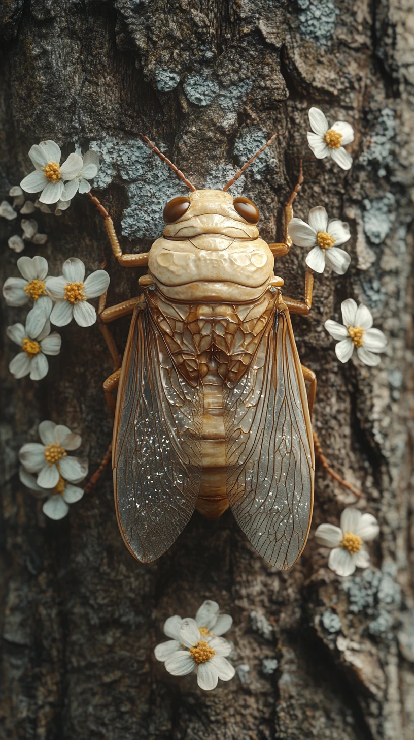 Adorable cigale lumineuse reposant sur l’écorce d’un arbre en forêt