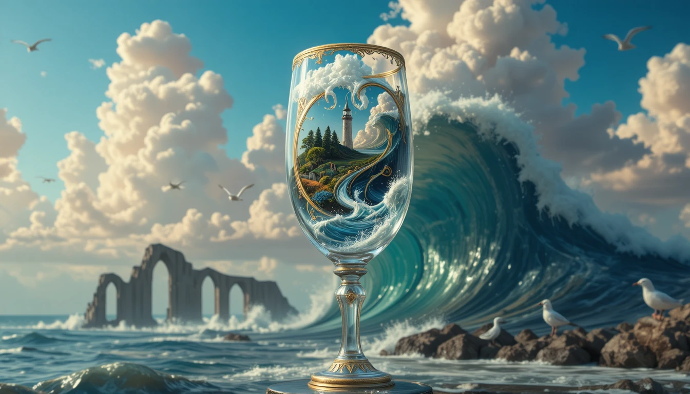 Taça de champanhe surreal com visão de um mar tempestuoso