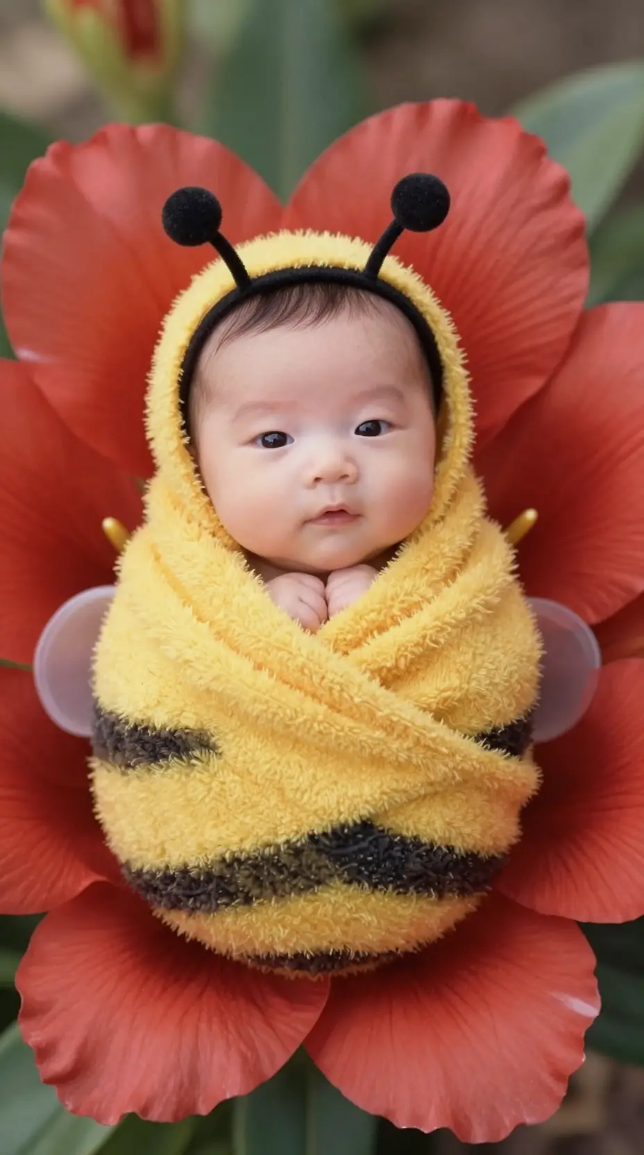 Süßes Baby als kleine Biene in einer Blume verkleidet