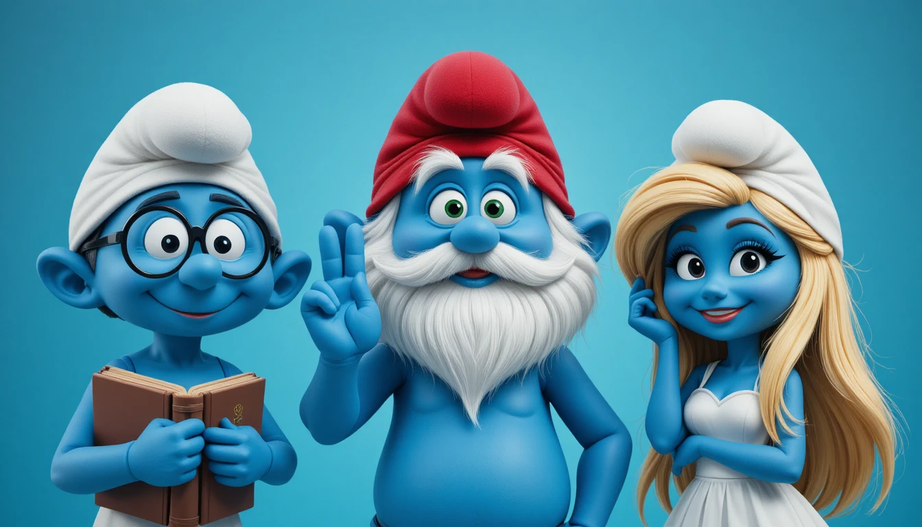 Three friendly blue cartoon characters on turquoise background