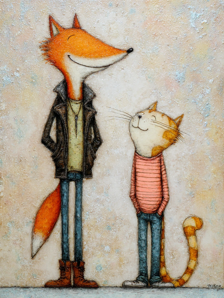 Raposa e gato malhado conversando em pintura lúdica de mídia mista
