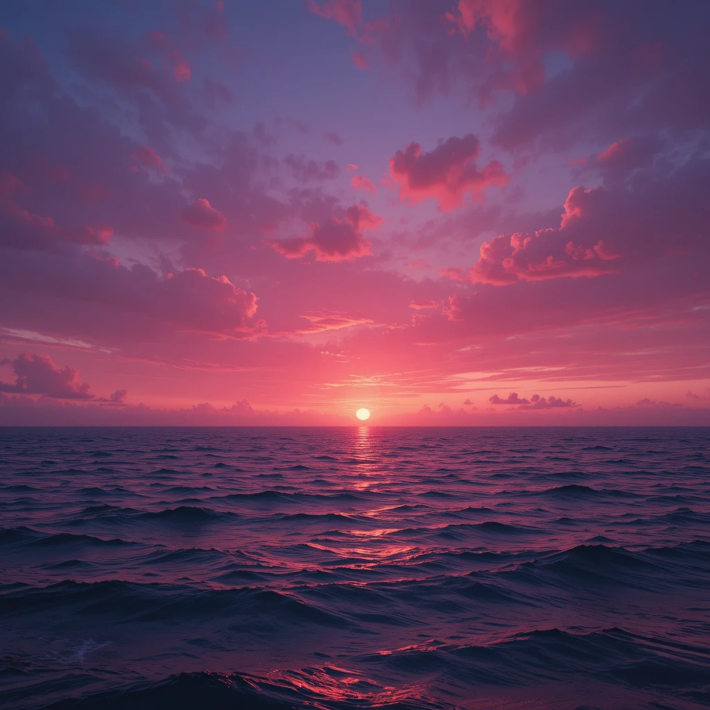 Céu cinematográfico de pôr do sol sobre o horizonte tranquilo de um oceano aberto