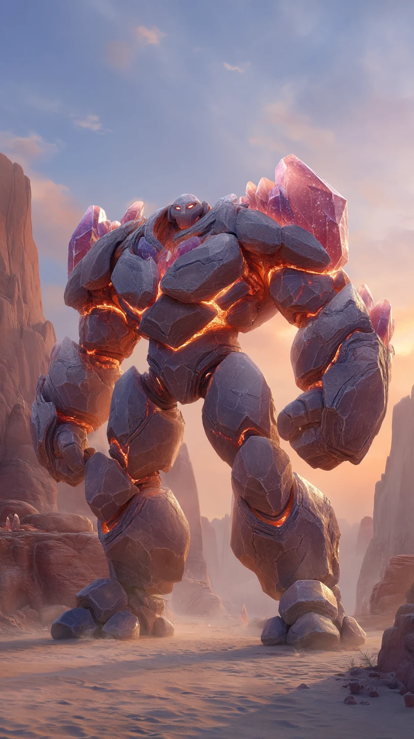 Golem de cristal rubi guardando um cânion do deserto ao pôr do sol