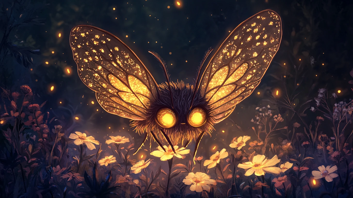 Cute moth creature among night flowers in dark forest
