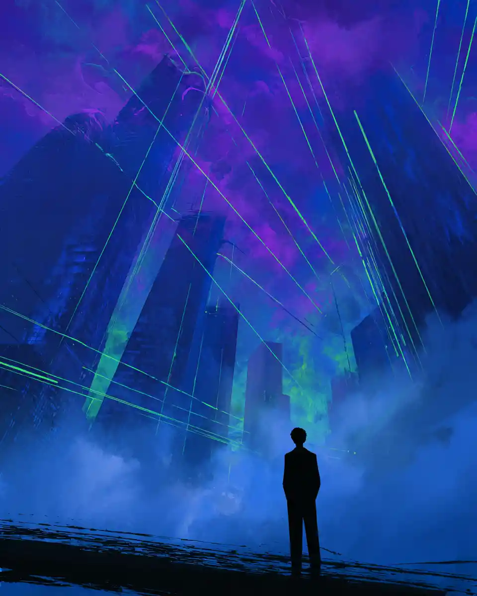 Paesaggio urbano futuristico al neon con grattacieli cosmici