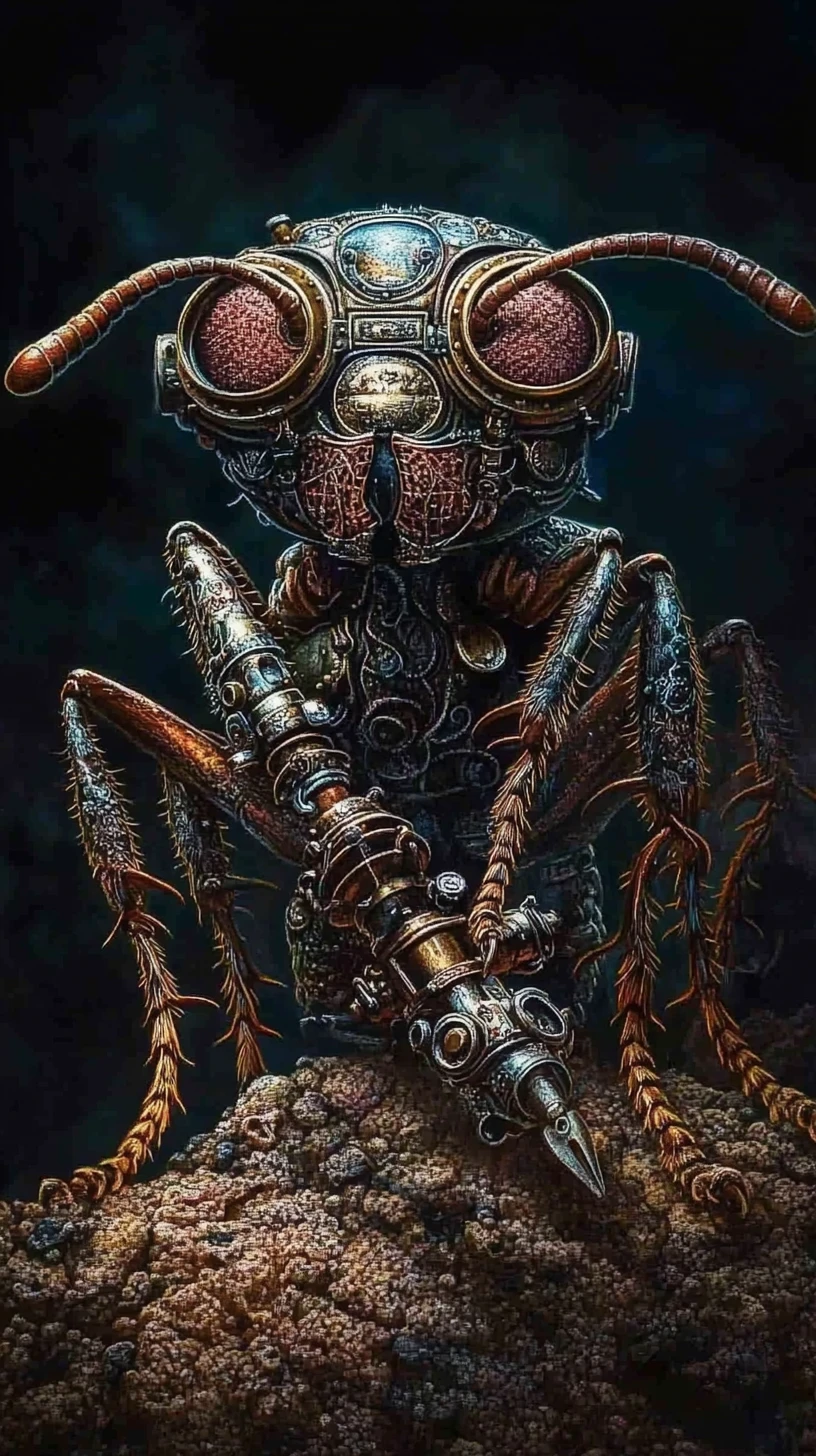 Formica Steampunk con Occhiali e Attrezzi in un Mondo Vittoriano
