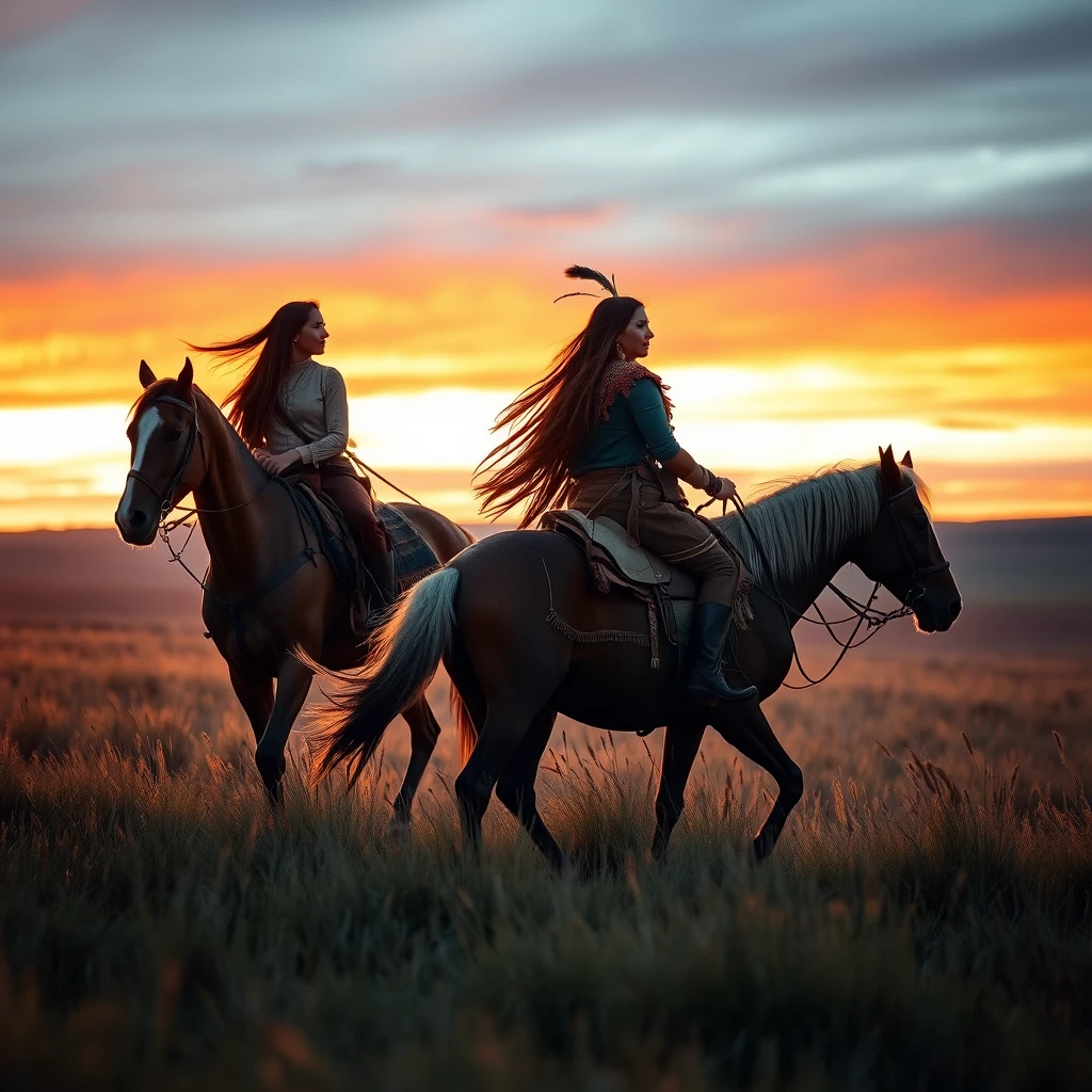 Duas mulheres nativas americanas a cavalo ao pôr do sol ventoso em Wyoming