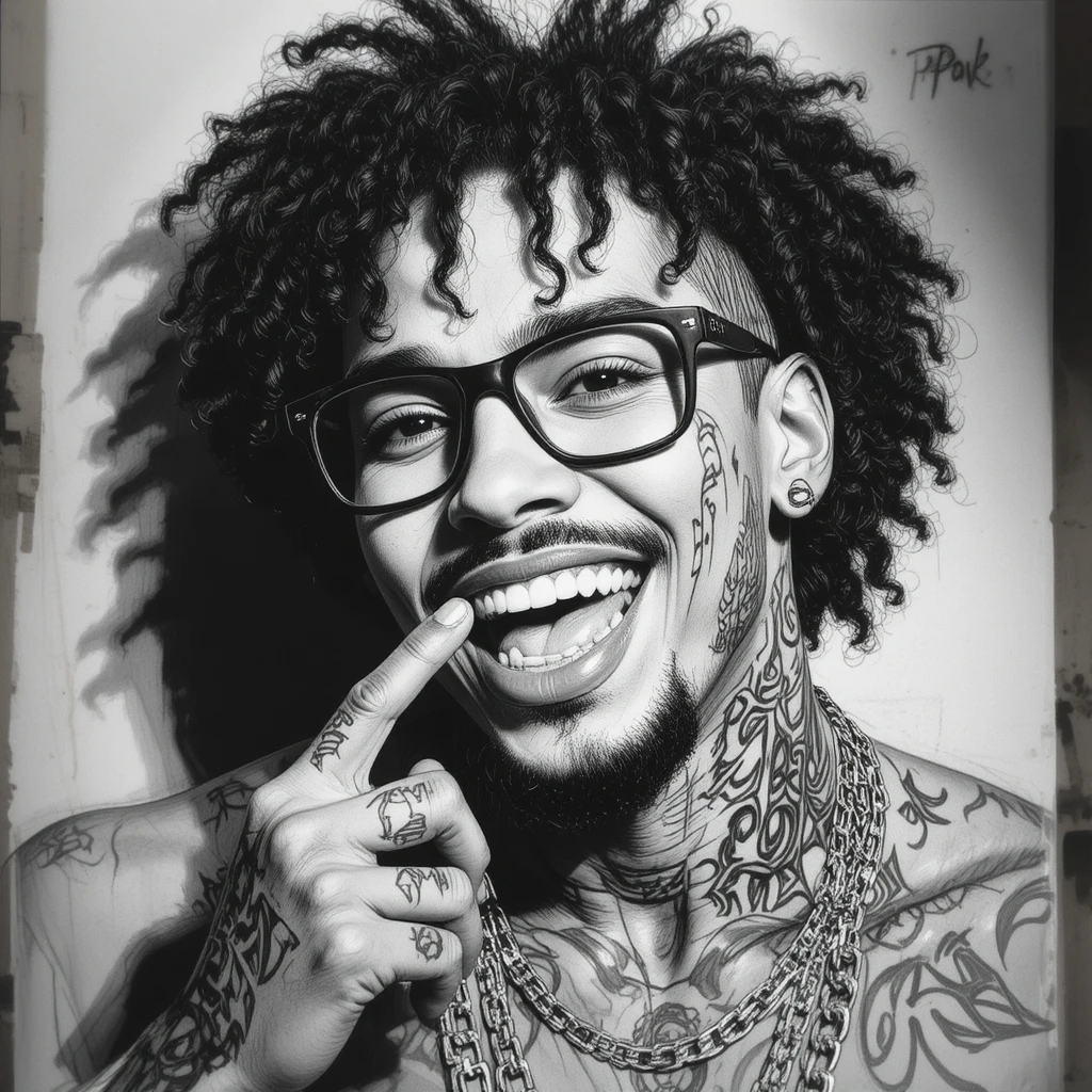 Retrato a lápiz de un hombre sonriente con gafas y tatuajes