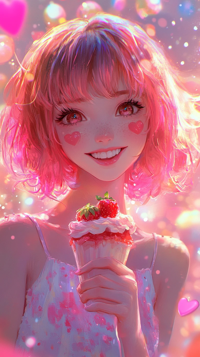 Chica anime con parfait de fresa en una escena pastel brillante