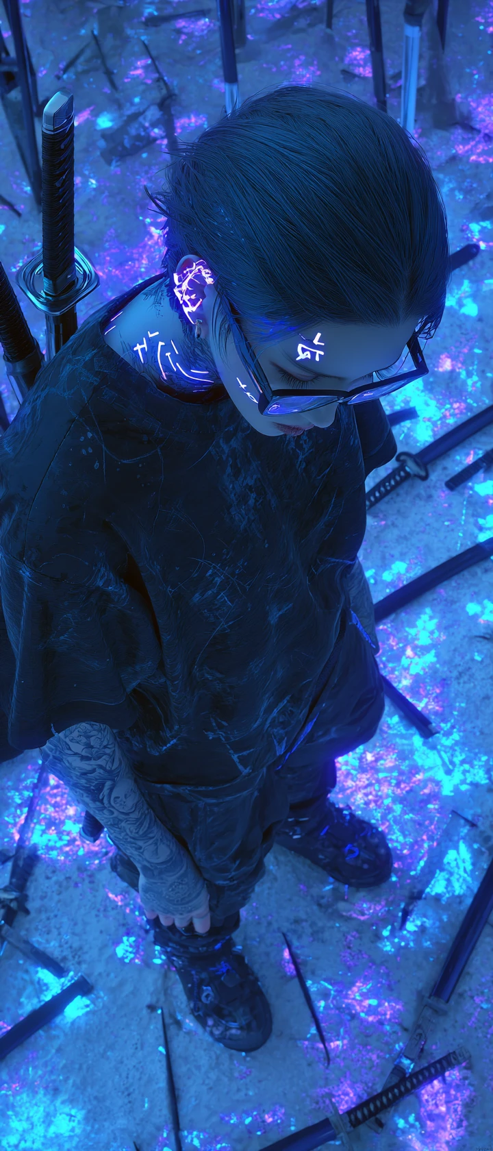 Guerrier cyberpunk aux runes lumineuses dans un champ d’épées