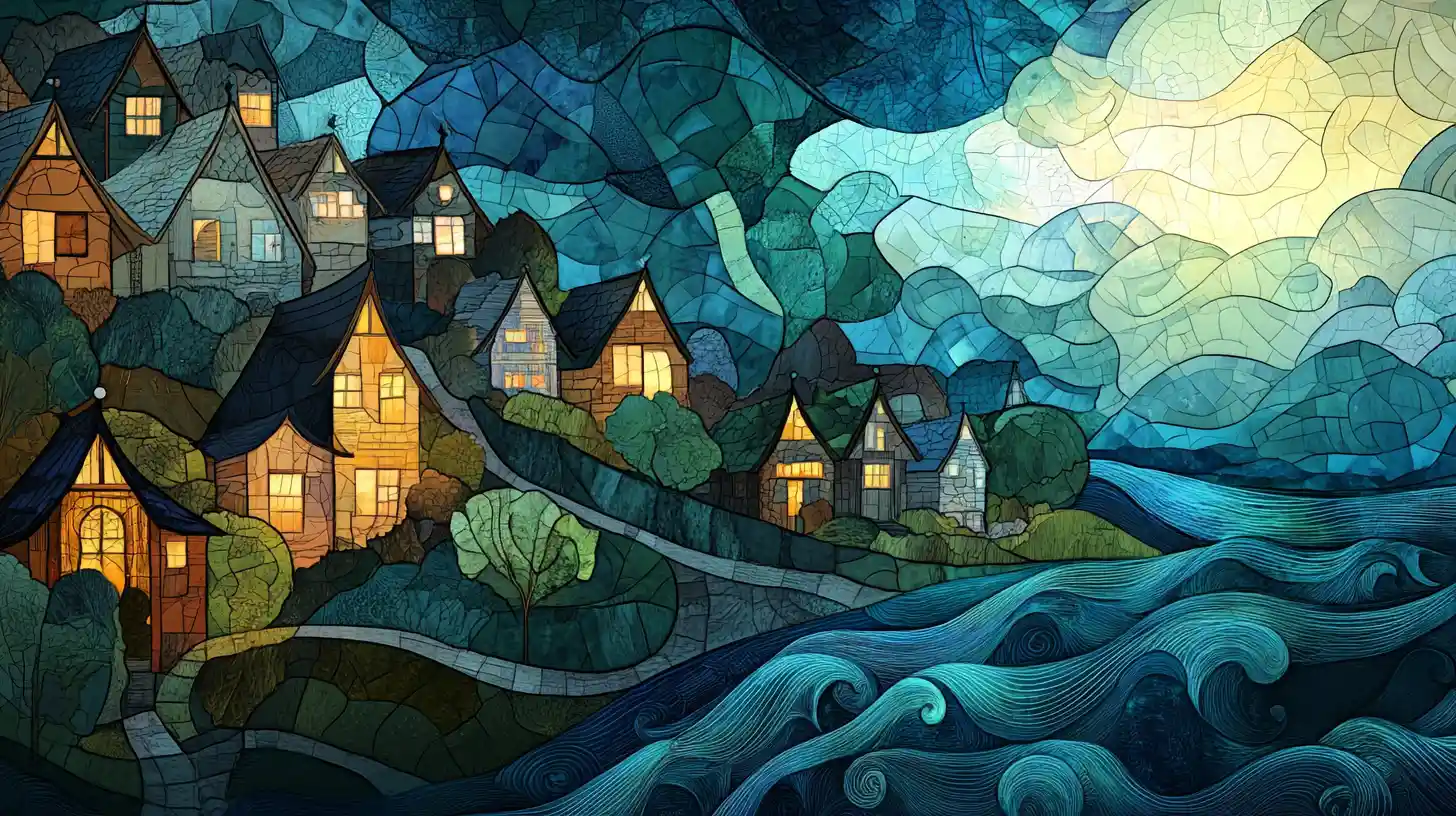 Stained glass seaside village with flowing waves and cottages