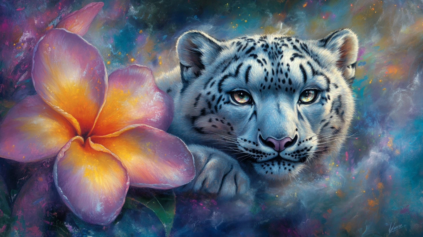 Snow leopard emerging from mist and blooming flower