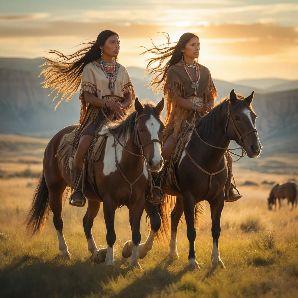 Donne native americane a cavallo nel ventoso tramonto del Wyoming