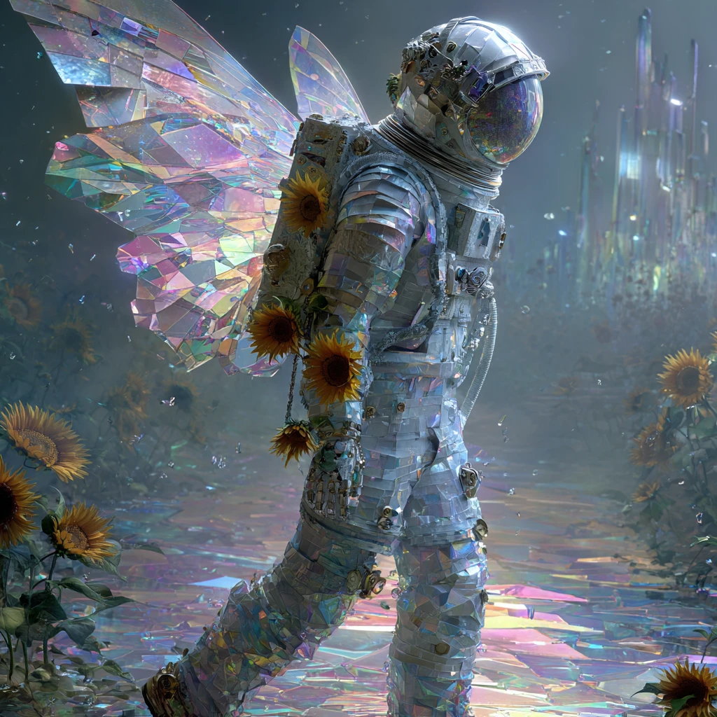 Astronaut geht auf surrealer Alienwelt aus Buntglas