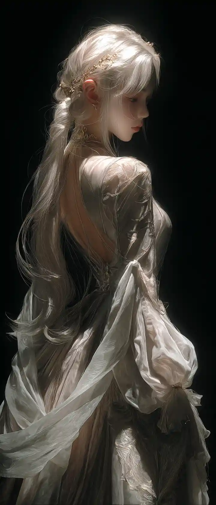 Royal maiden descending stairs into a dark alley