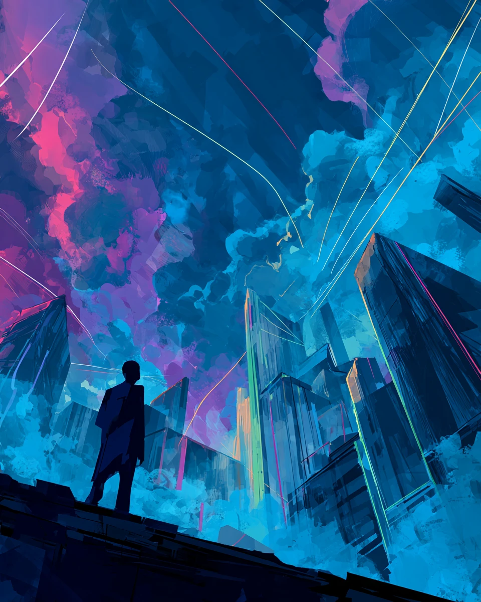 Skyline futuriste de ville néon avec gratte-ciel imposants