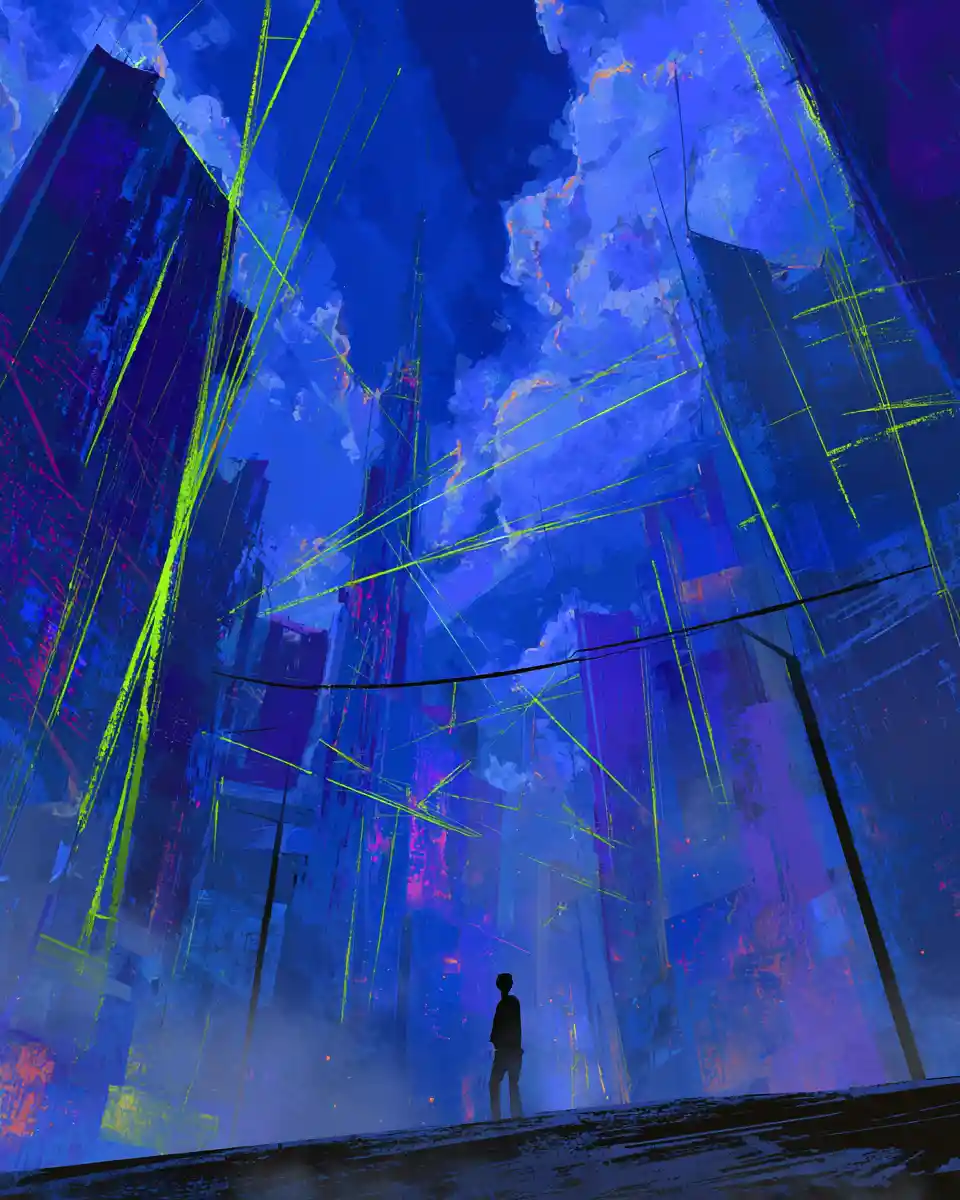 Futuristic neon cityscape with a lone figure silhouette