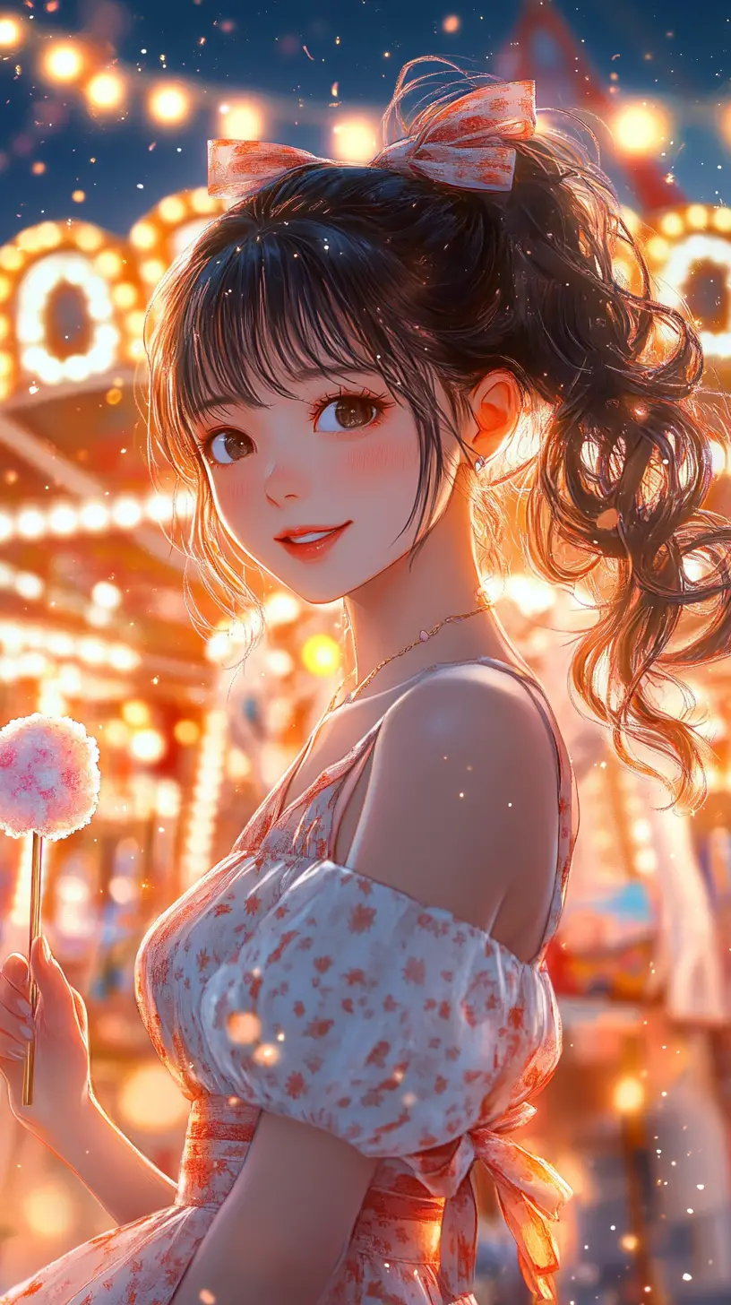 Garota de anime com algodão doce brilhante em um carnaval dos sonhos
