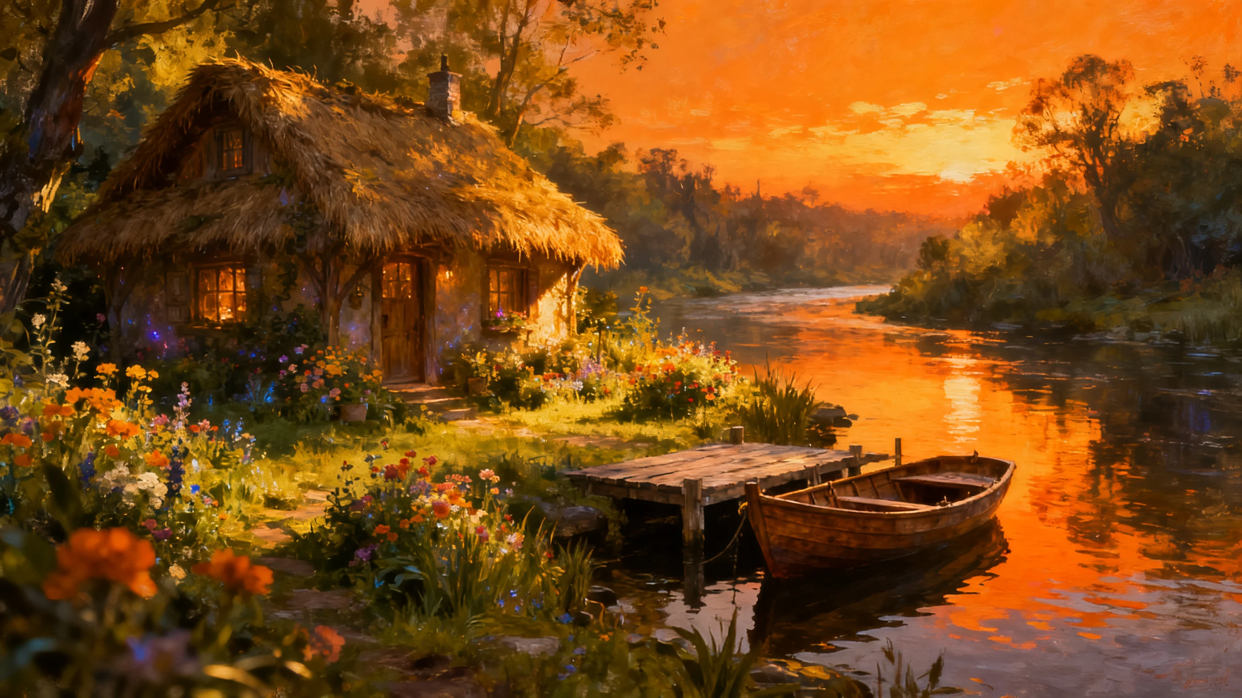 Gemütliche Fluss-Hütte bei Sonnenuntergang in Fantasielandschaft
