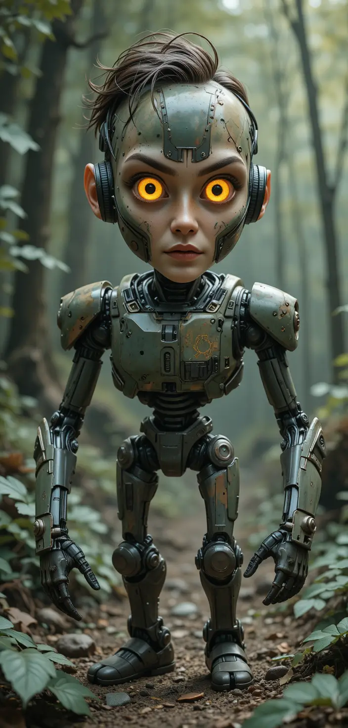 Humanoid robot in camouflage armor in a sci fi forest