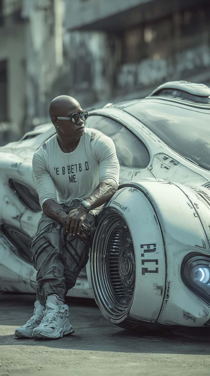 Selbstbewusster glatzköpfiger Mann lehnt an einem eleganten futuristischen Fahrzeug