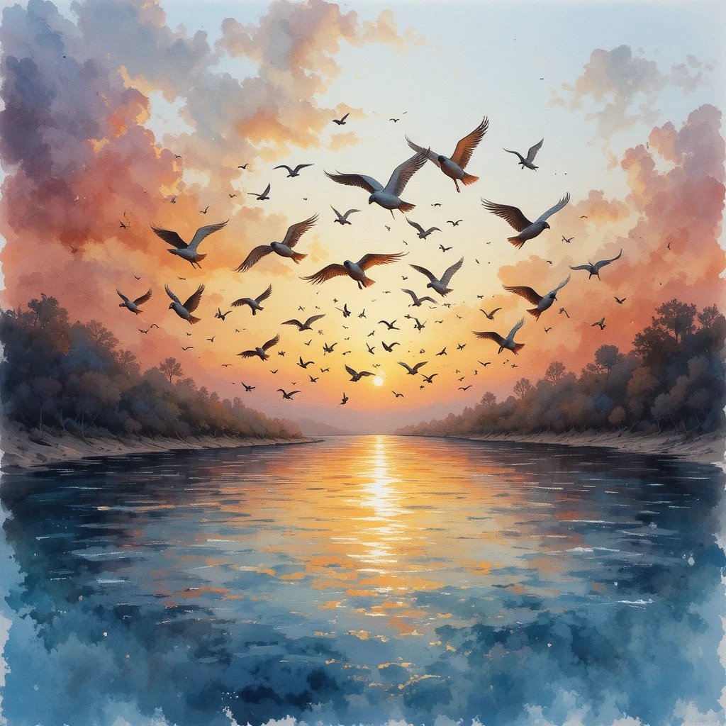 Nuée d’oiseaux en aquarelle volant au-dessus d’une rivière paisible au coucher du soleil