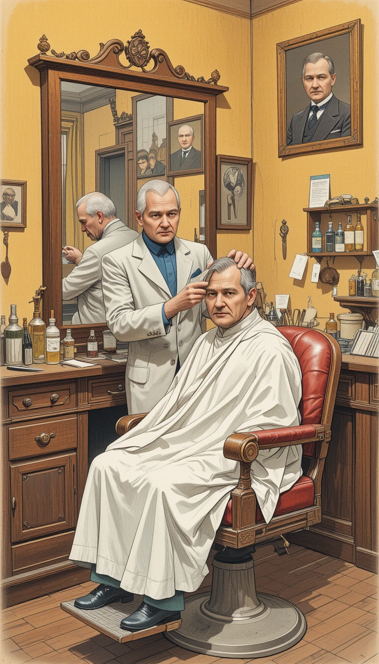 Barbiere calvo che taglia i capelli a un cliente in una barberia classica