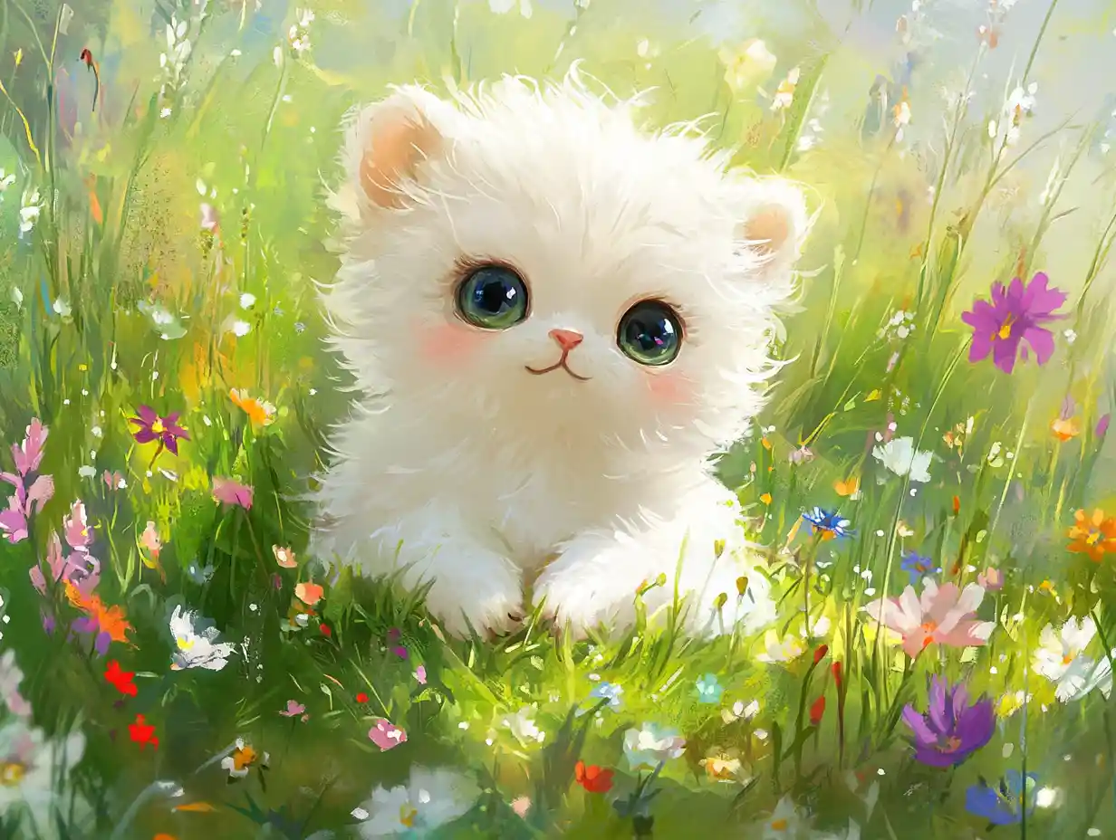 Adorabile cucciolo di animale bianco in un prato fiorito e luminoso