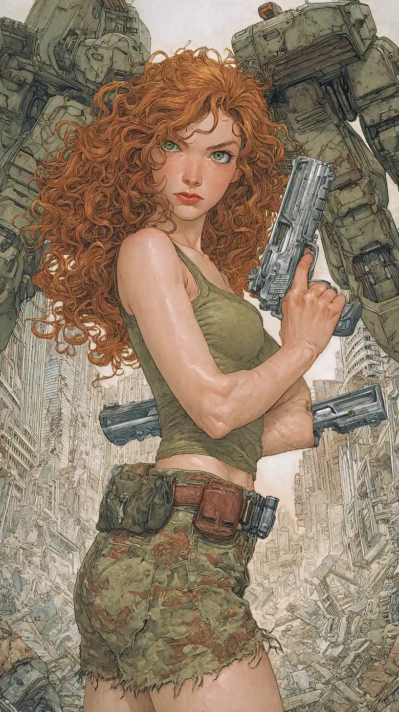 Battle ready young woman in ruined futuristic city