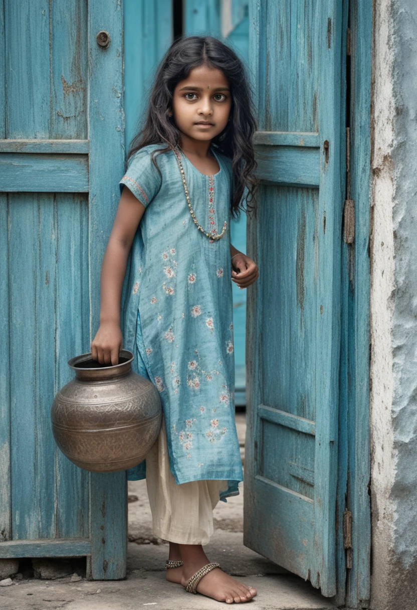 Niña joven en un marco de puerta azul sosteniendo un recipiente de agua de metal