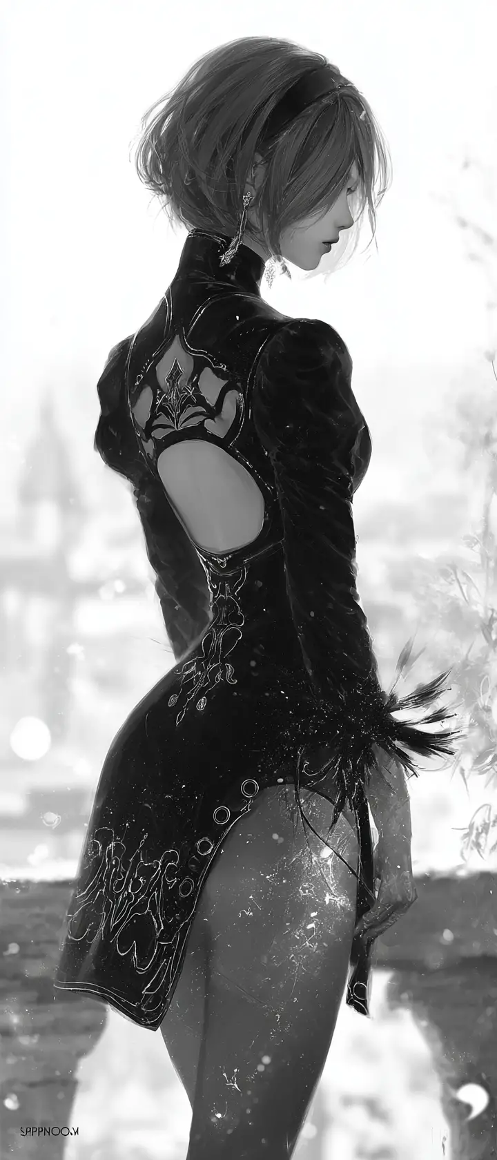 Ethereal anime woman on balcony in glowing black dress