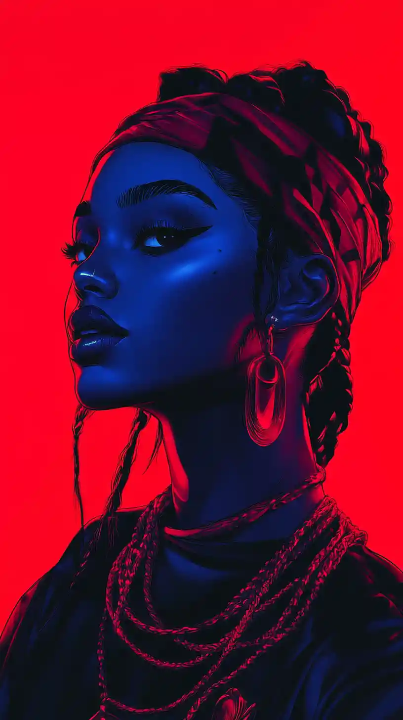Femme à la peau bleue avec bandana rouge et bijoux tribaux