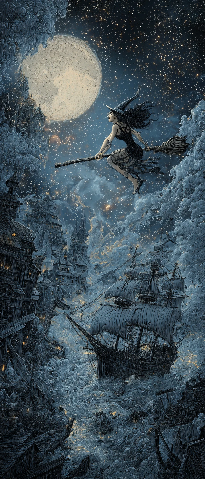 Laughing witch flying by moonlight over a dark ocean