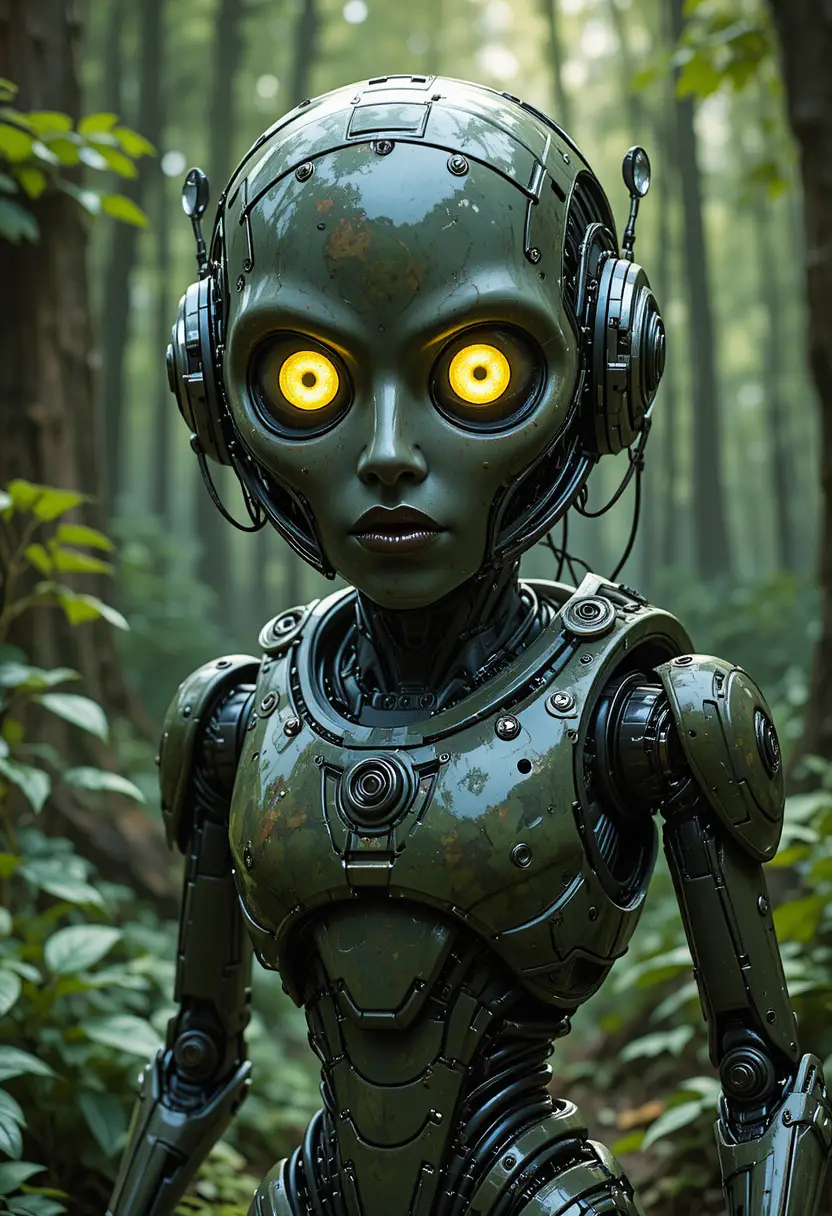 Humanoid robot in camouflage armor in a green forest
