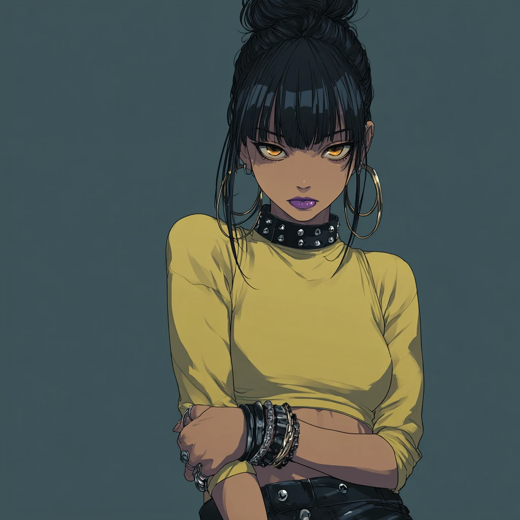Dark blue skinned anime woman in glowing orange light
