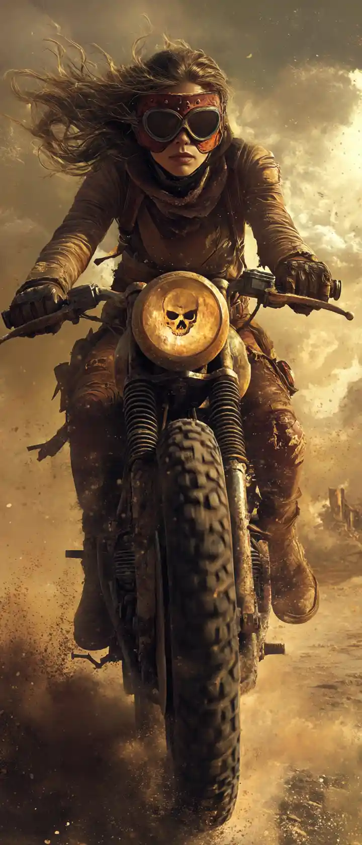 Post apocalyptic woman racing through a dusty wasteland