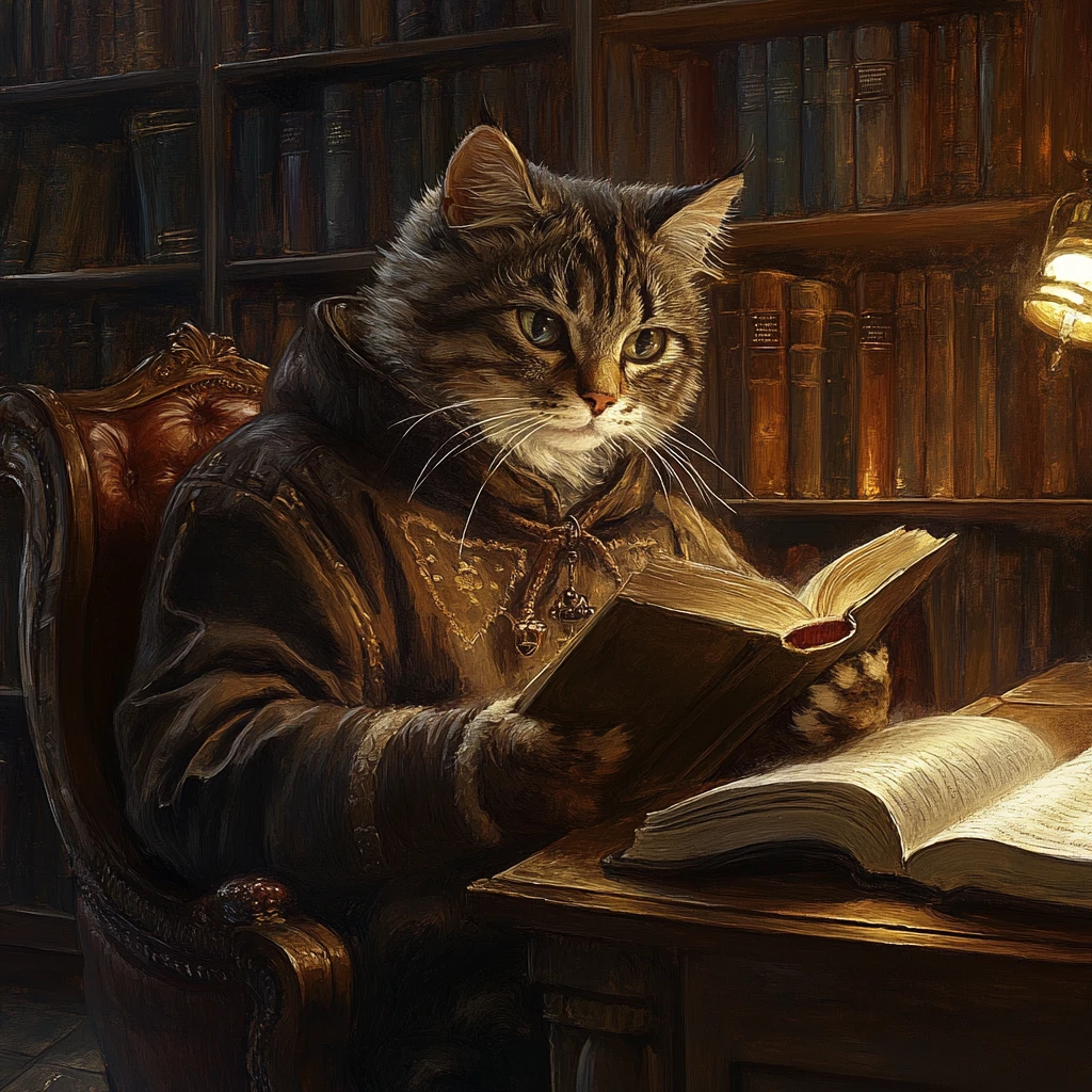 Gato elegante com monóculo lendo em uma biblioteca sombria e opulenta
